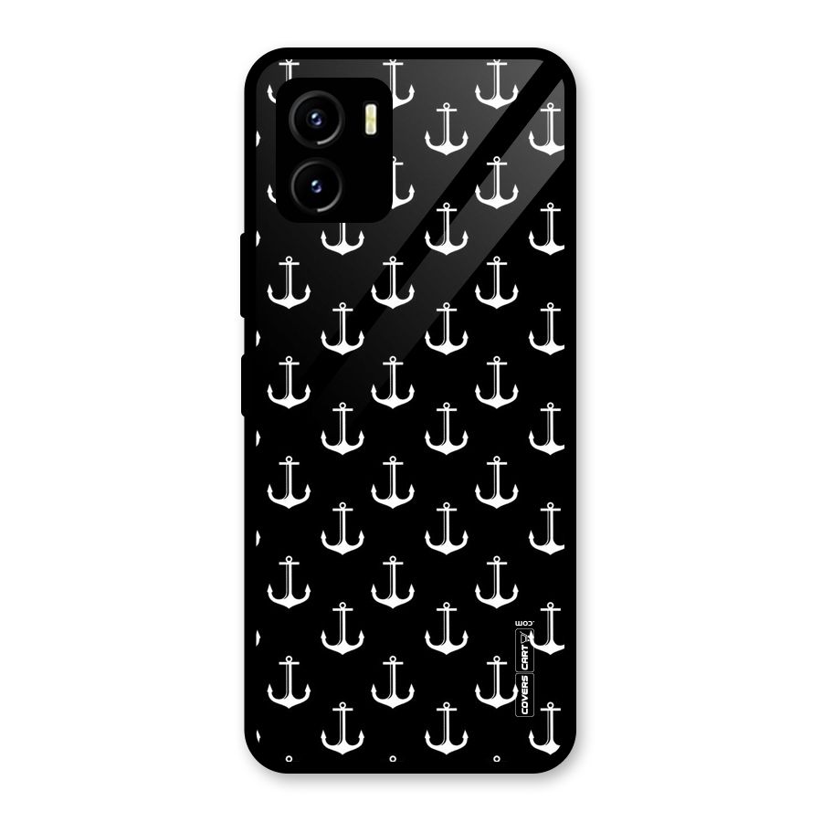 White And Black Anchor Pattern Glass Back Case for Vivo Y15s