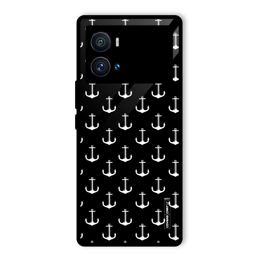 White And Black Anchor Pattern Glass Back Case for Vivo iQOO 9 Pro