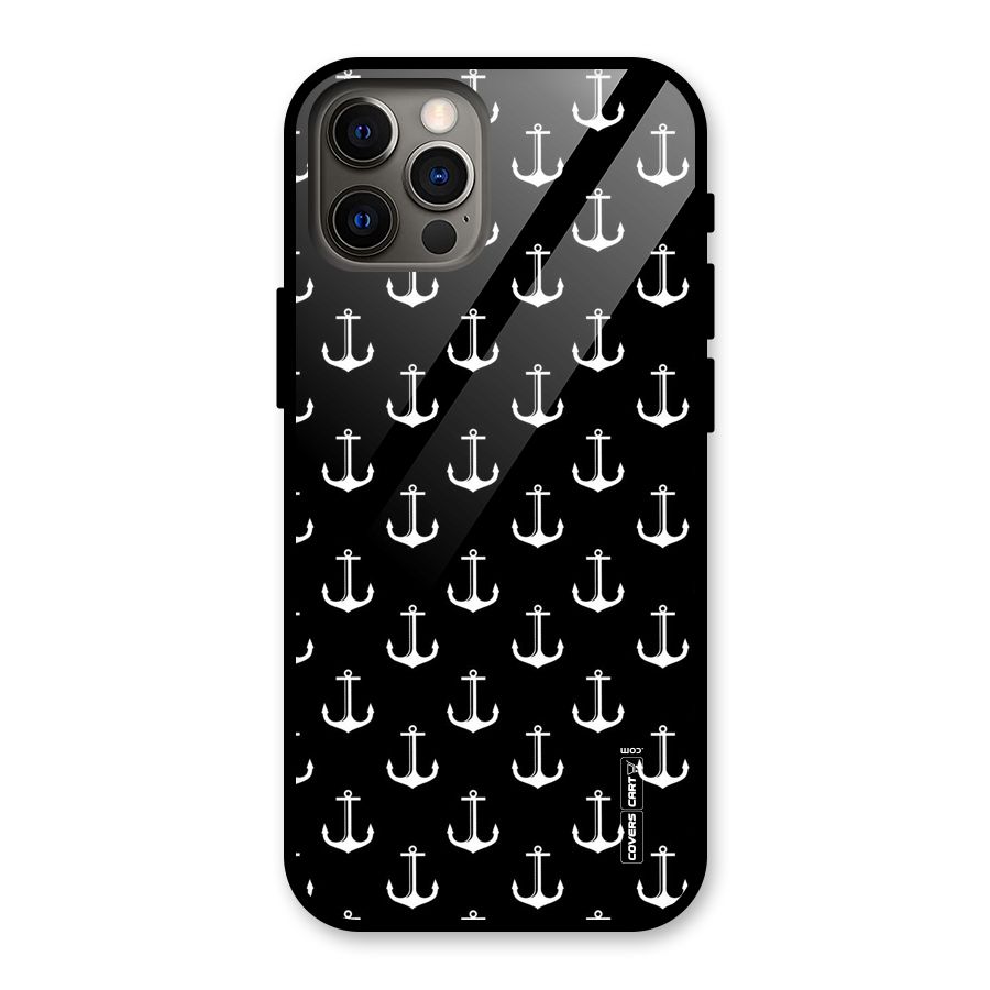 White And Black Anchor Pattern Glass Back Case for iPhone 12 Pro