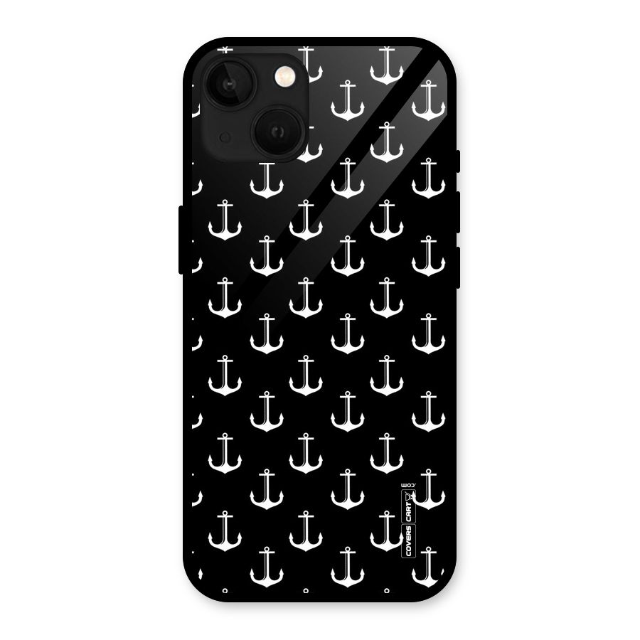 White And Black Anchor Pattern Glass Back Case for iPhone 13