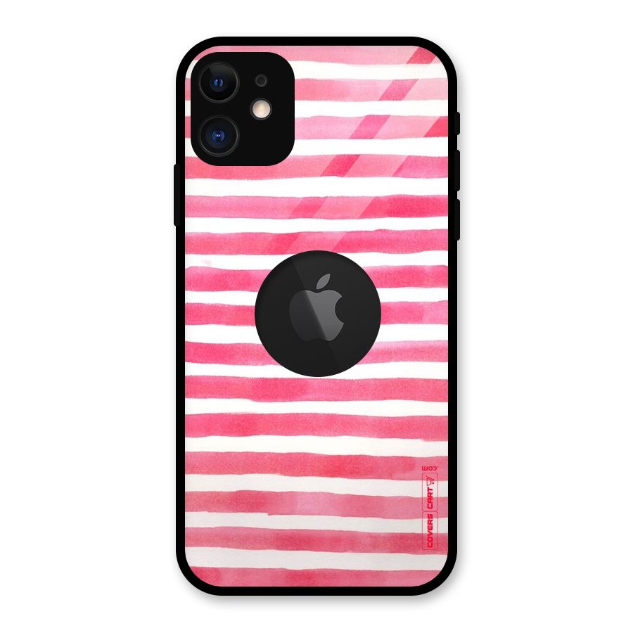 White And Pink Stripes Glass Back Case for iPhone 11 Logo Cut