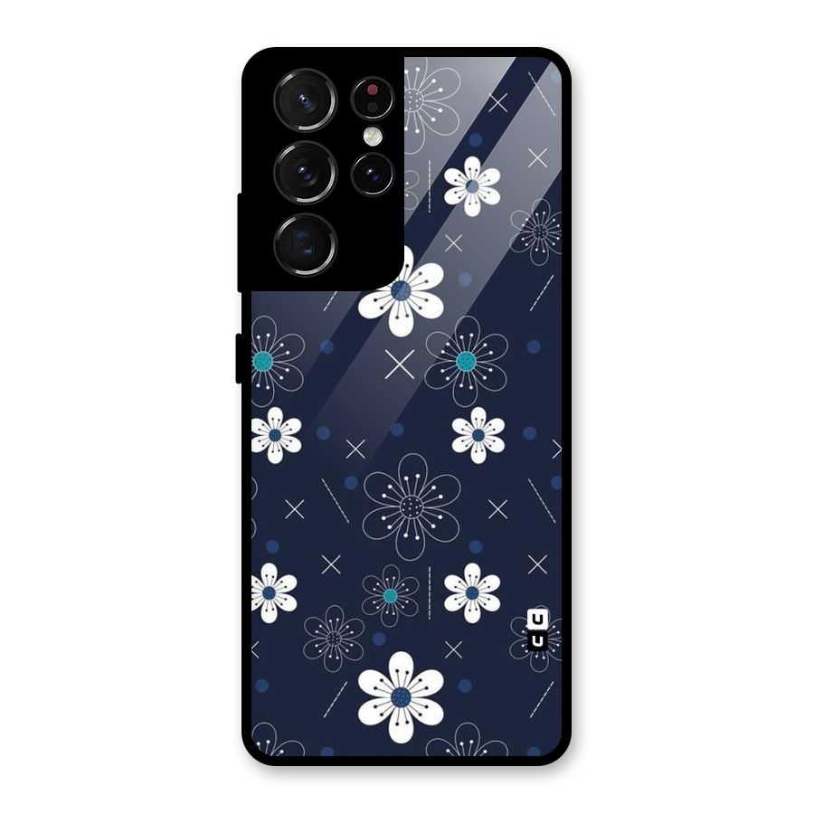 White Floral Shapes Glass Back Case for Galaxy S21 Ultra 5G