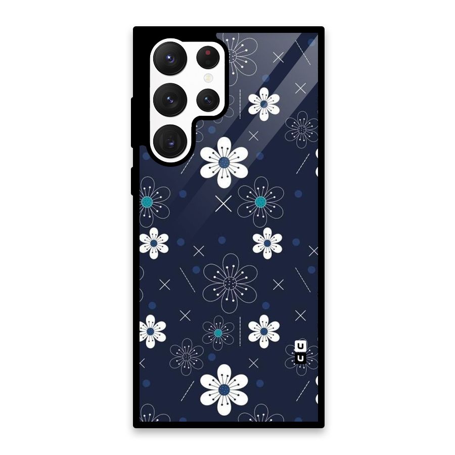 White Floral Shapes Glass Back Case for Galaxy S22 Ultra 5G
