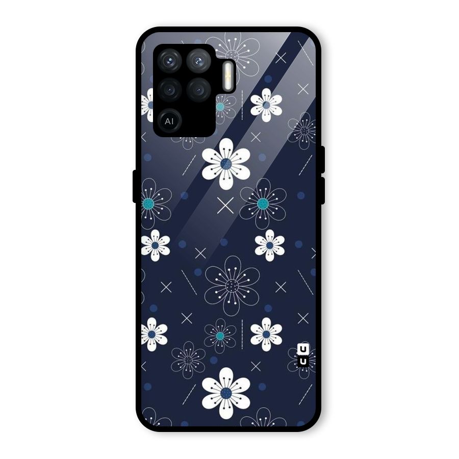 White Floral Shapes Glass Back Case for Oppo F19 Pro