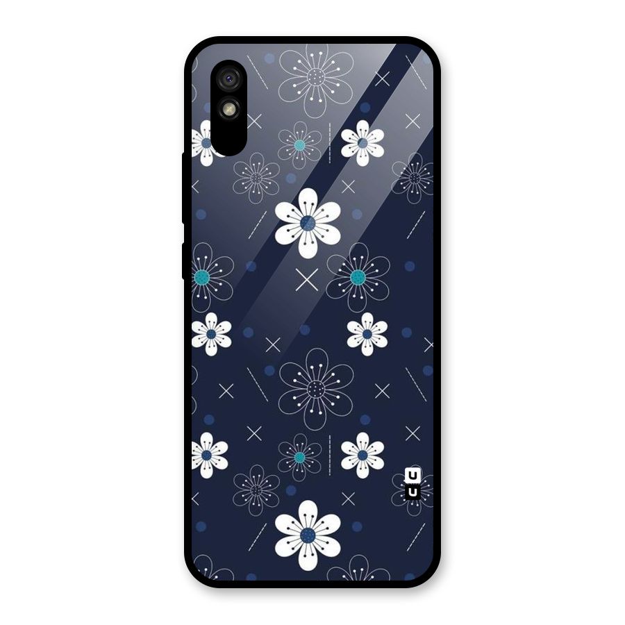 White Floral Shapes Glass Back Case for Redmi 9A
