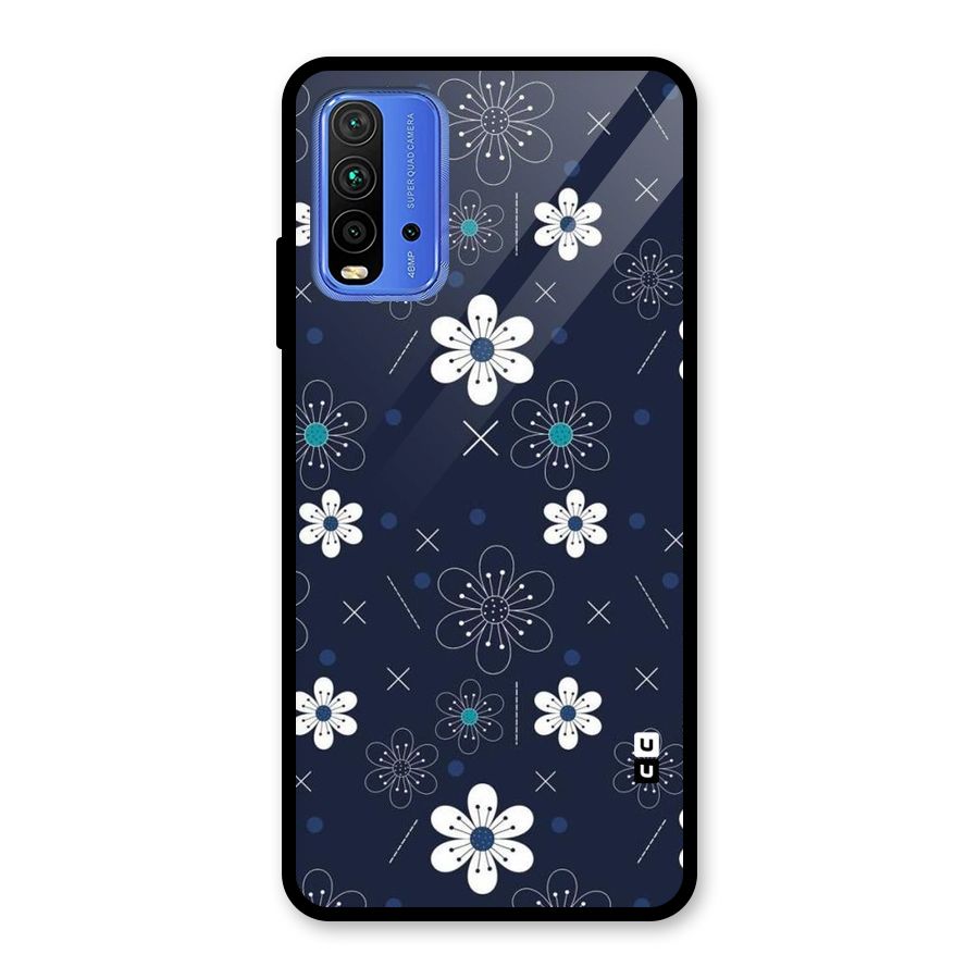 White Floral Shapes Glass Back Case for Redmi 9 Power