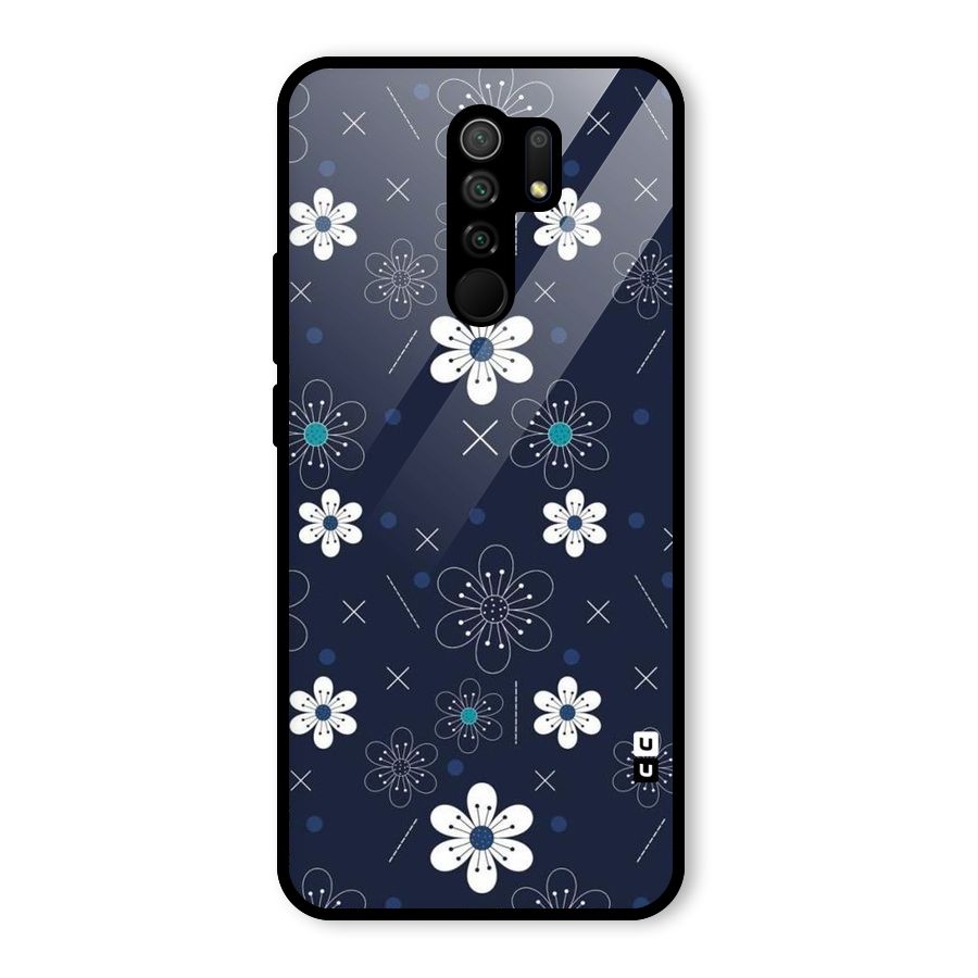 White Floral Shapes Glass Back Case for Redmi 9 Prime