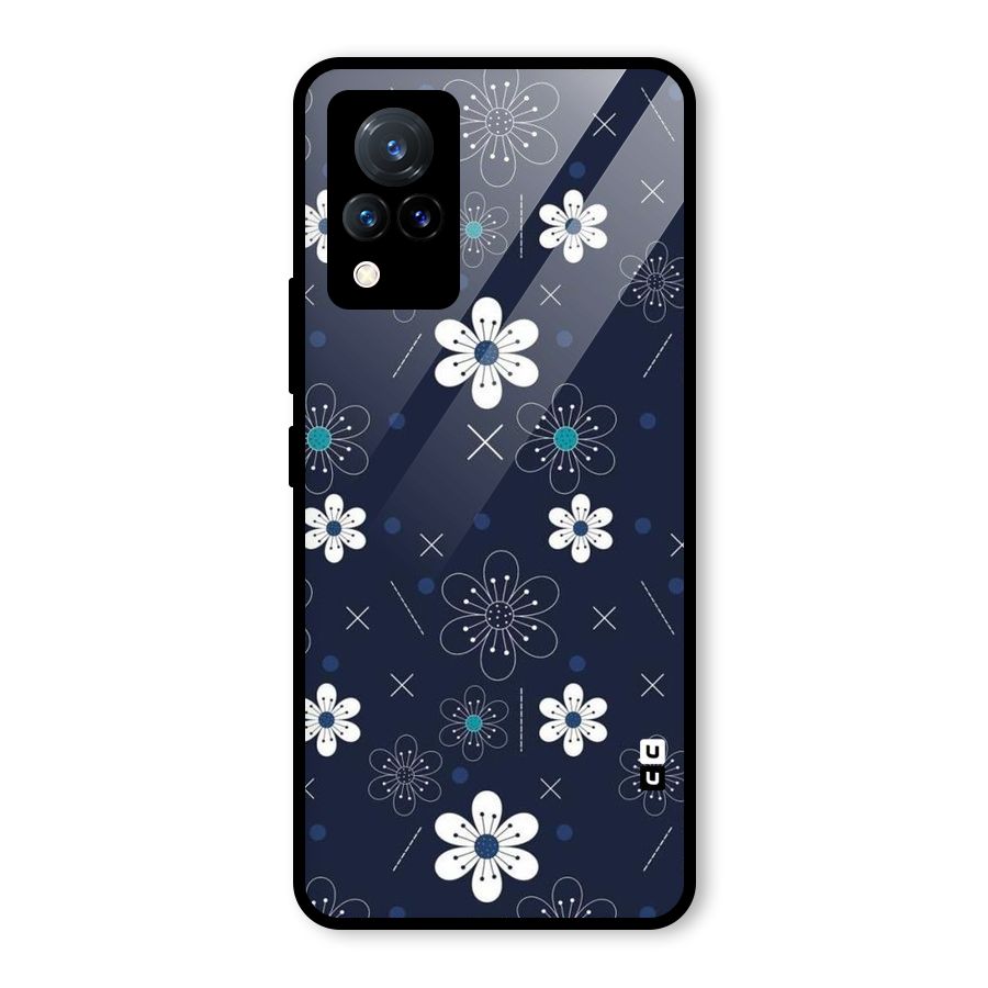 White Floral Shapes Glass Back Case for Vivo V21 5G