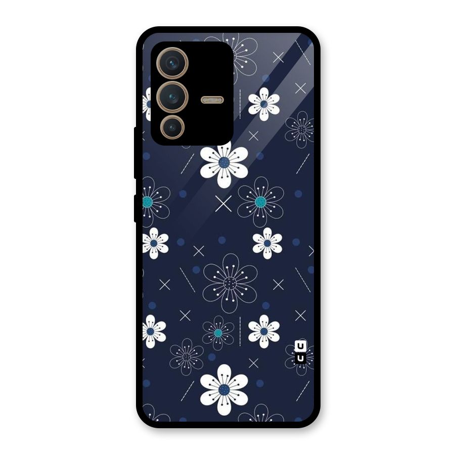 White Floral Shapes Glass Back Case for Vivo V23 5G