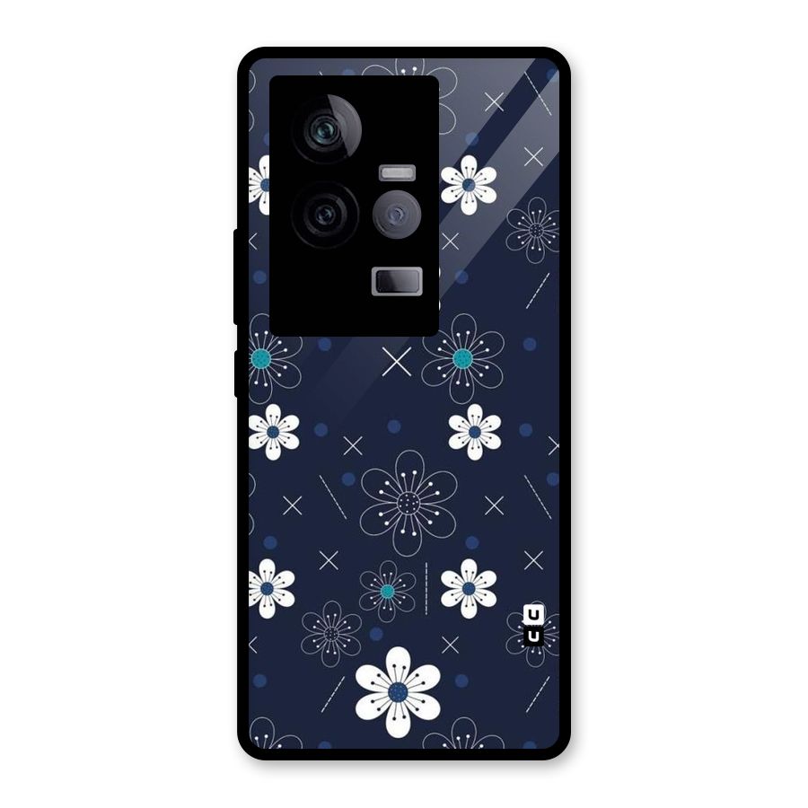 White Floral Shapes Glass Back Case for Vivo iQOO 11 5G
