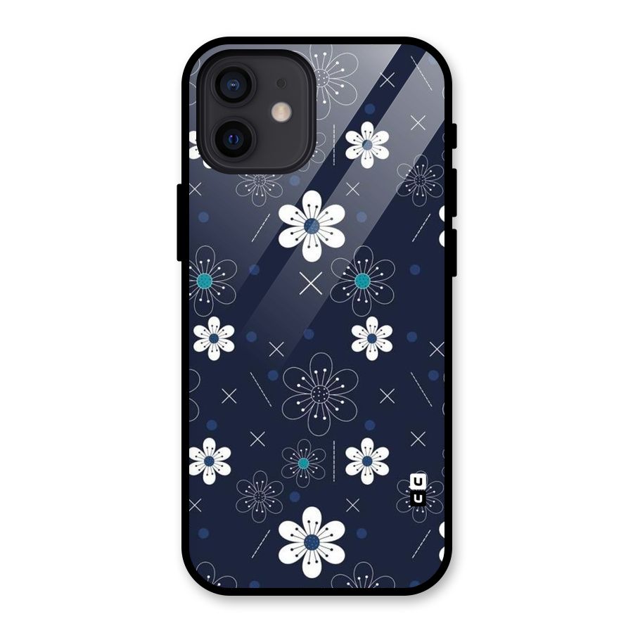 White Floral Shapes Glass Back Case for iPhone 12