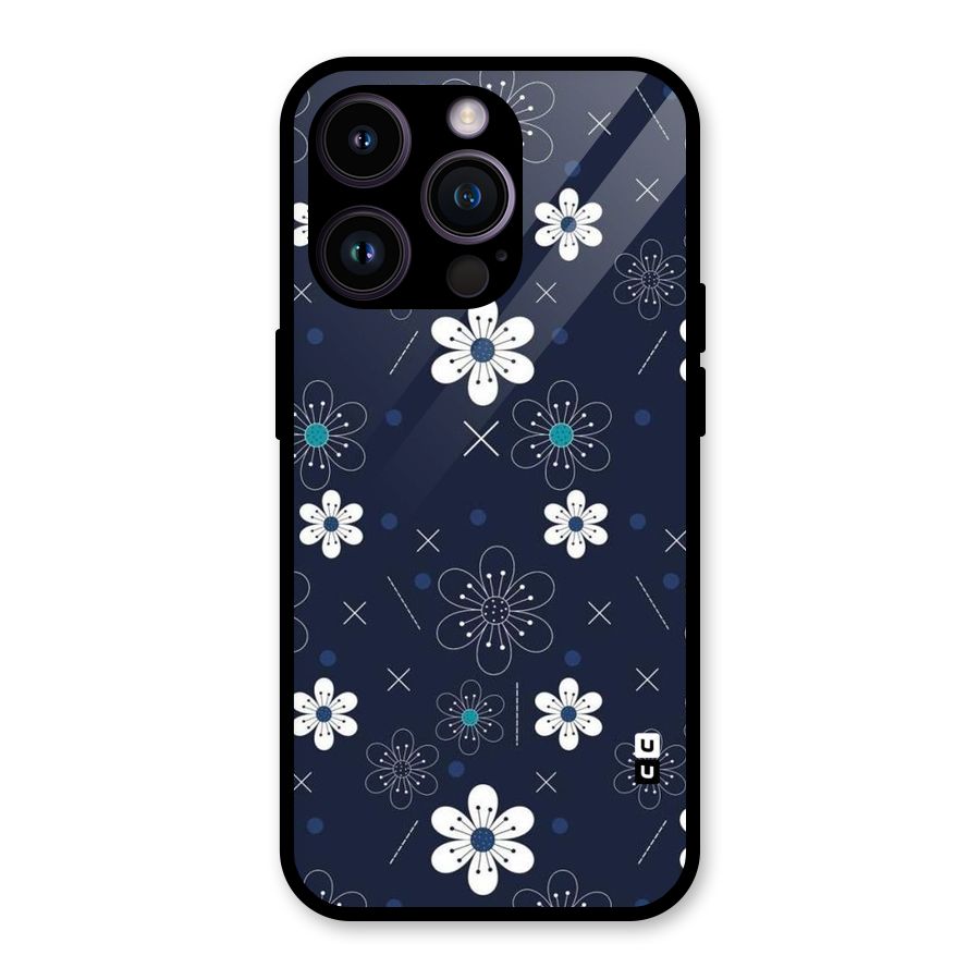 White Floral Shapes Glass Back Case for iPhone 14 Pro