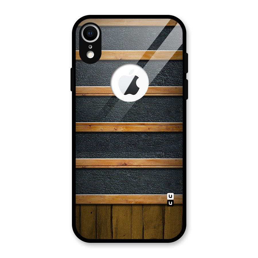 Wood Design Glass Back Case for iPhone XR Logo Cut