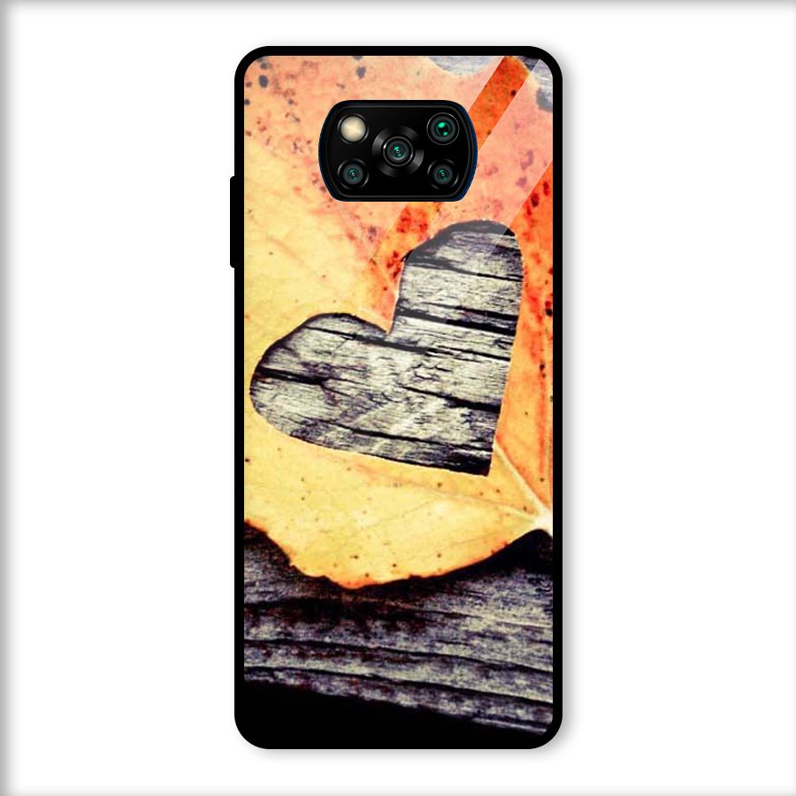 Wood Heart Leaf Glass Back Case for Poco X3