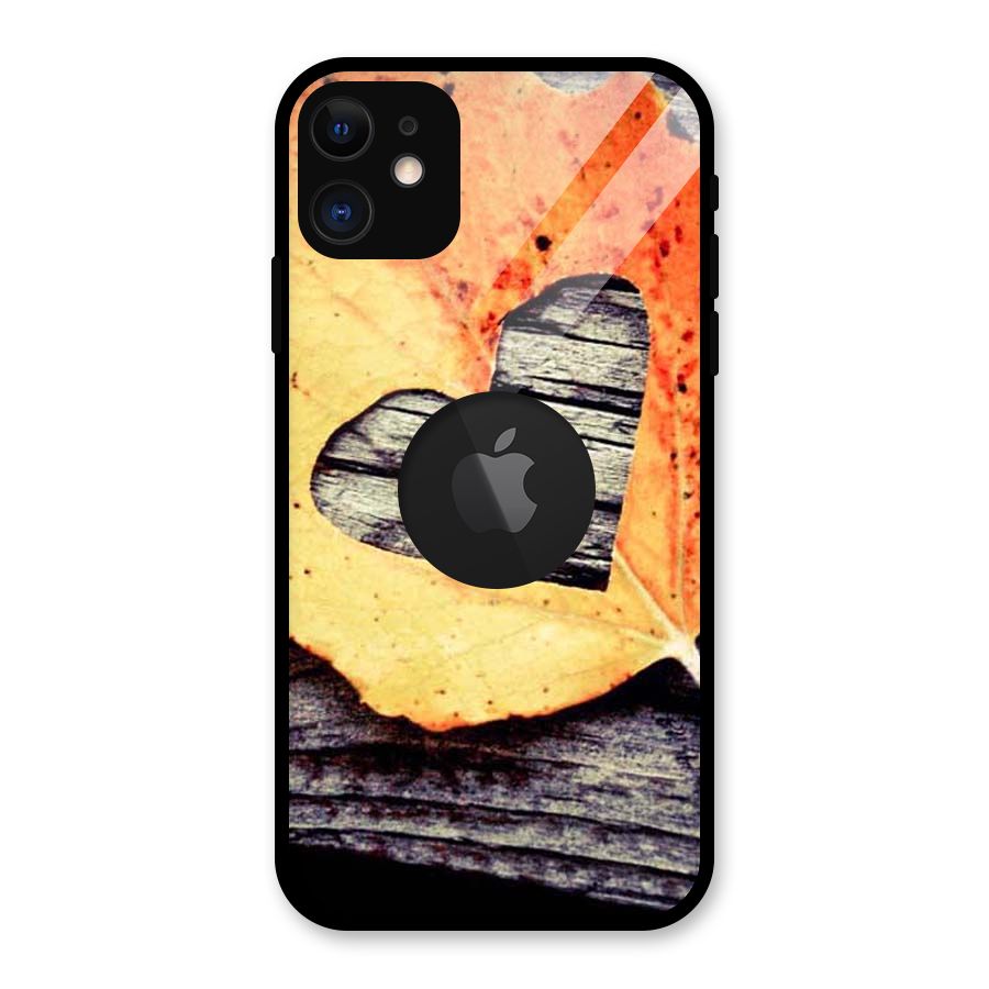 Wood Heart Leaf Glass Back Case for iPhone 11 Logo Cut