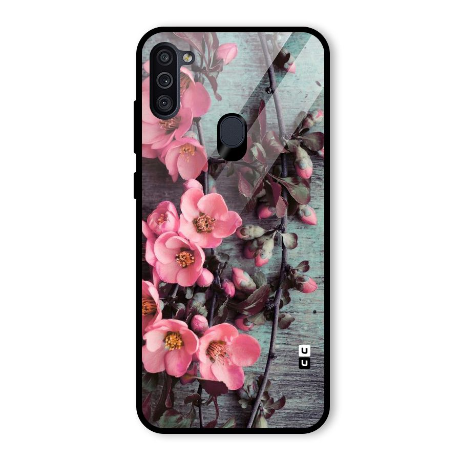 Wooden Floral Pink Glass Back Case for Galaxy M11