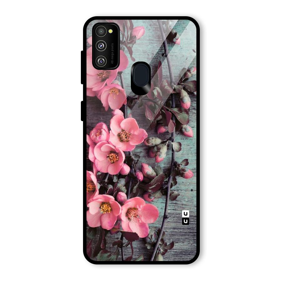 Wooden Floral Pink Glass Back Case for Galaxy M21