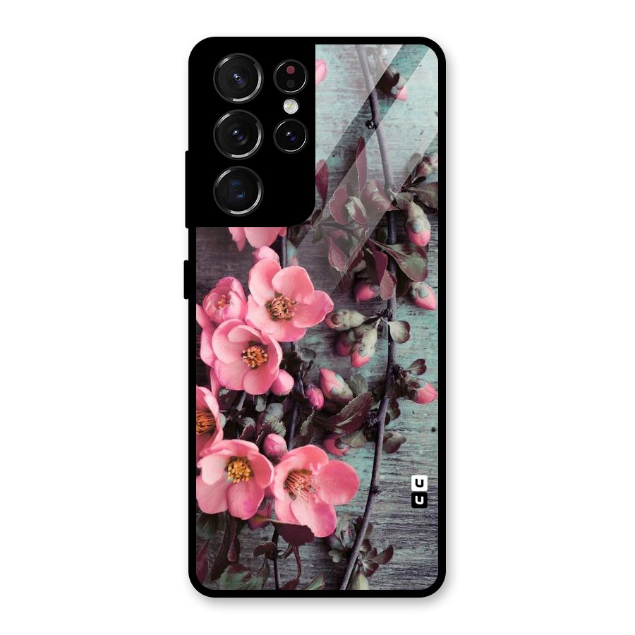 Wooden Floral Pink Glass Back Case for Galaxy S21 Ultra 5G