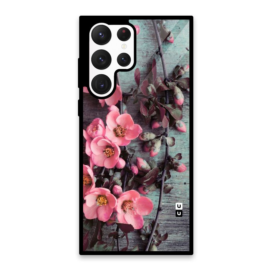 Wooden Floral Pink Glass Back Case for Galaxy S22 Ultra 5G