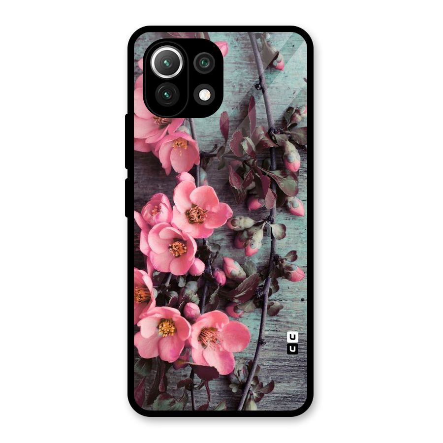 Wooden Floral Pink Glass Back Case for Mi 11 Lite