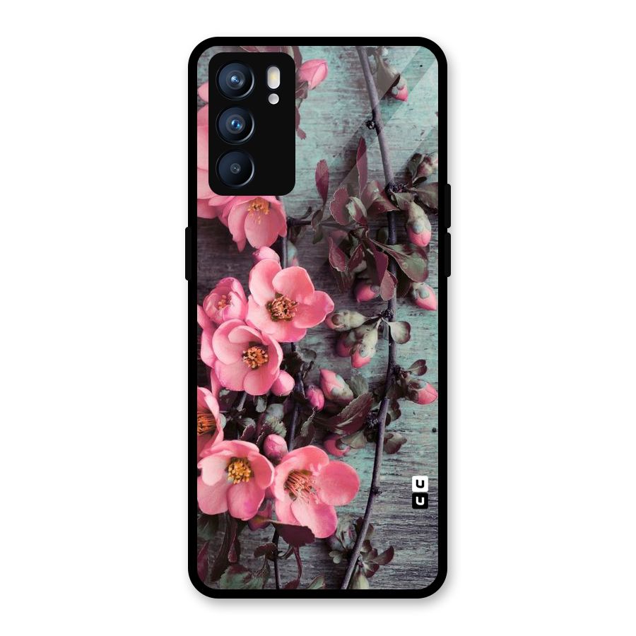 Wooden Floral Pink Glass Back Case for Oppo Reno6 5G