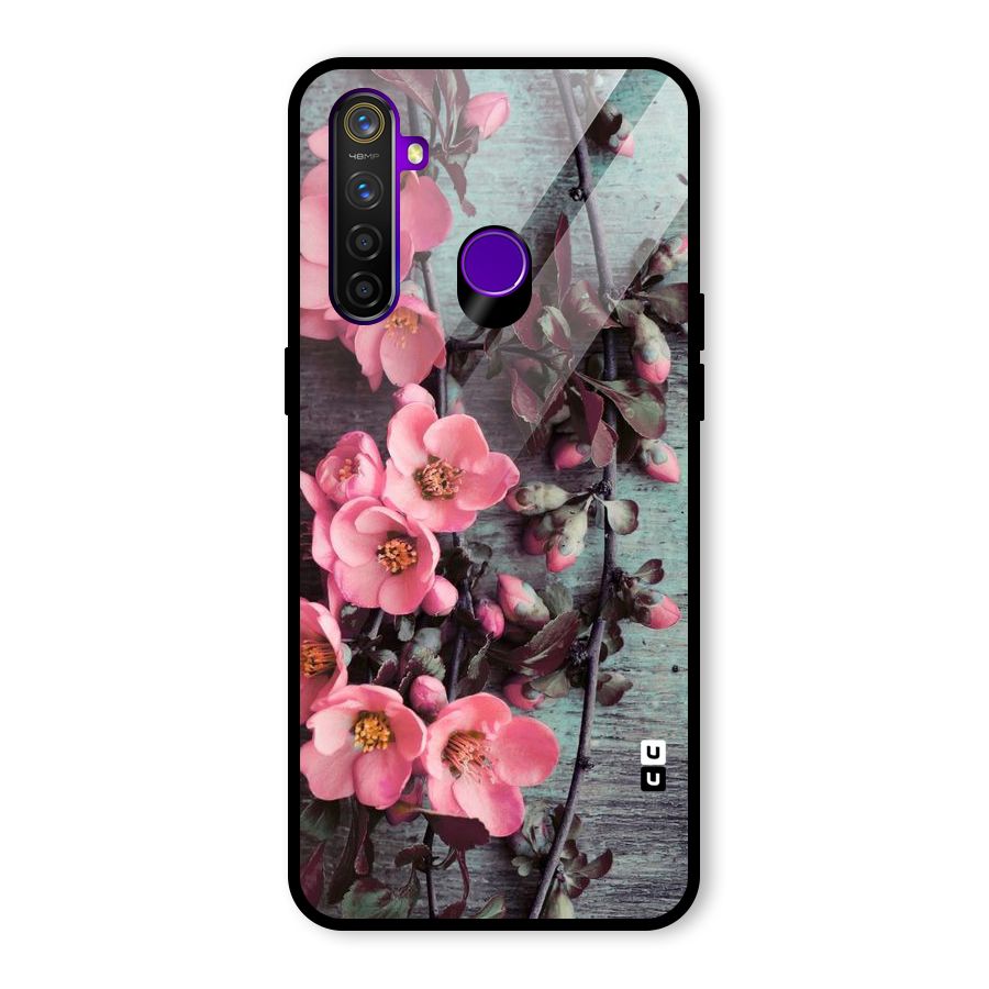 Wooden Floral Pink Glass Back Case for Realme 5 Pro