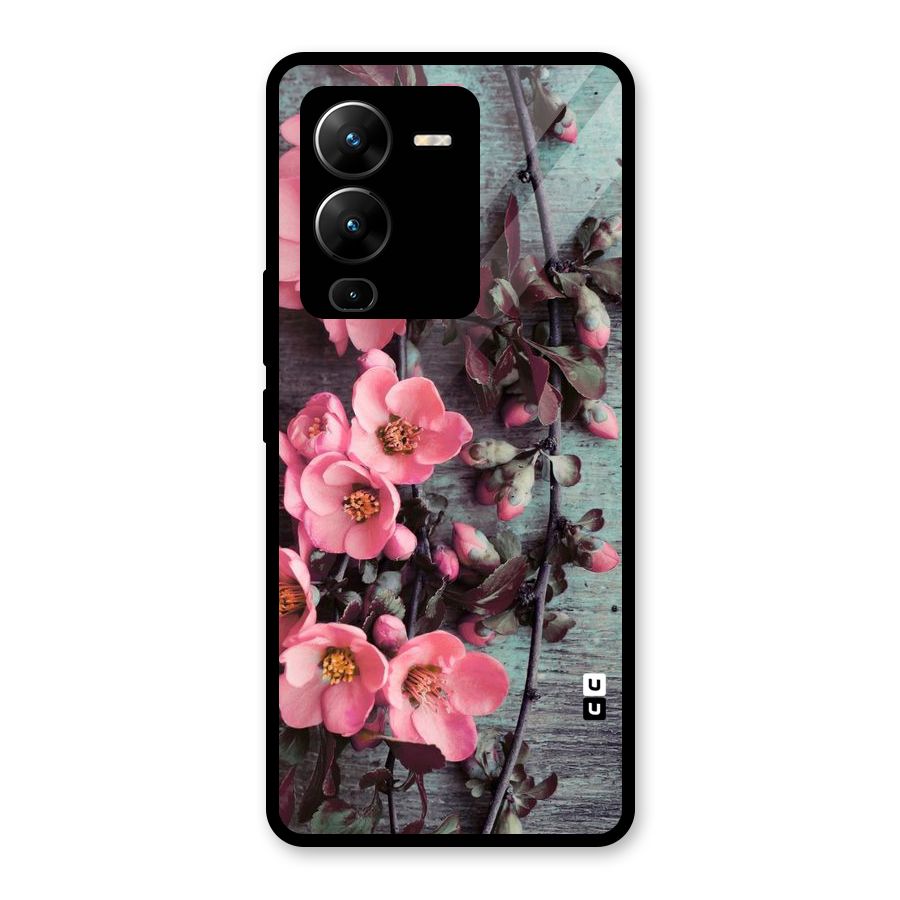 Wooden Floral Pink Glass Back Case for Vivo V25 Pro