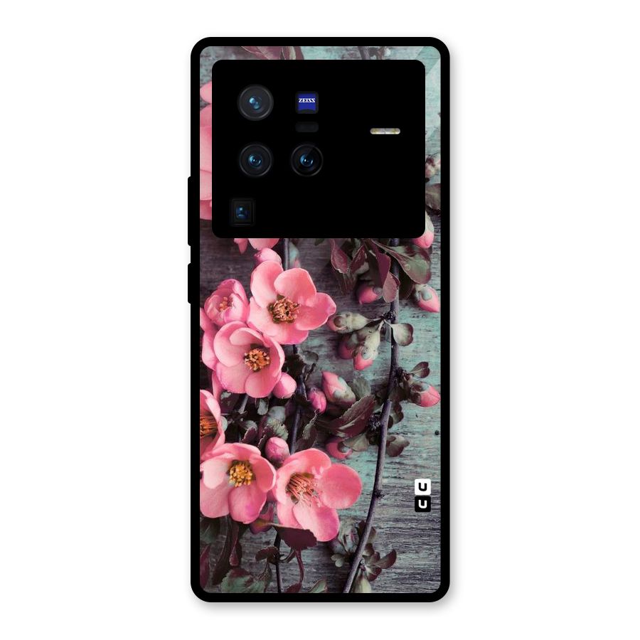 Wooden Floral Pink Glass Back Case for Vivo X80 Pro