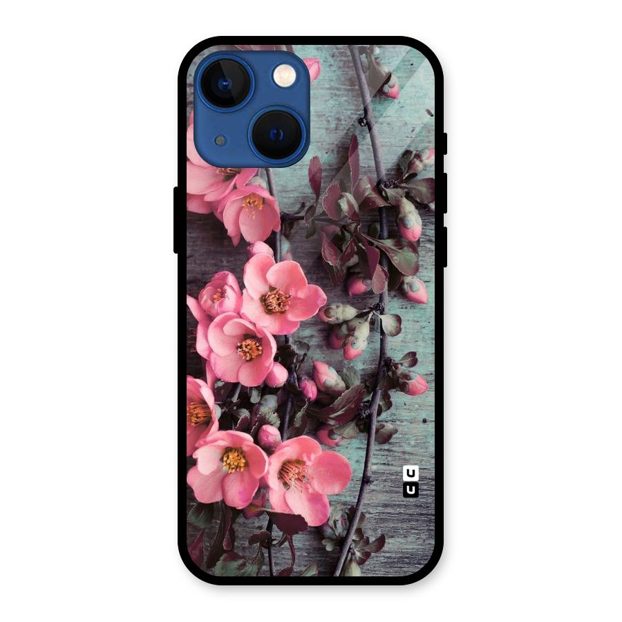 Wooden Floral Pink Glass Back Case for iPhone 13 Mini