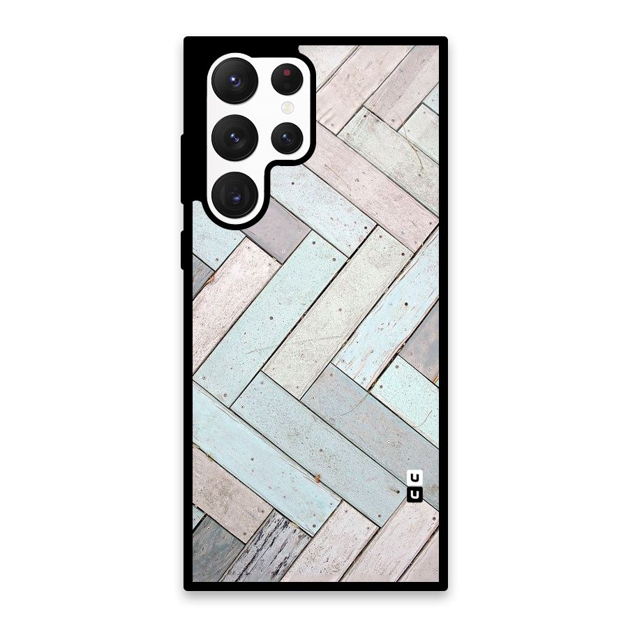 Wooden ZigZag Design Glass Back Case for Galaxy S22 Ultra 5G