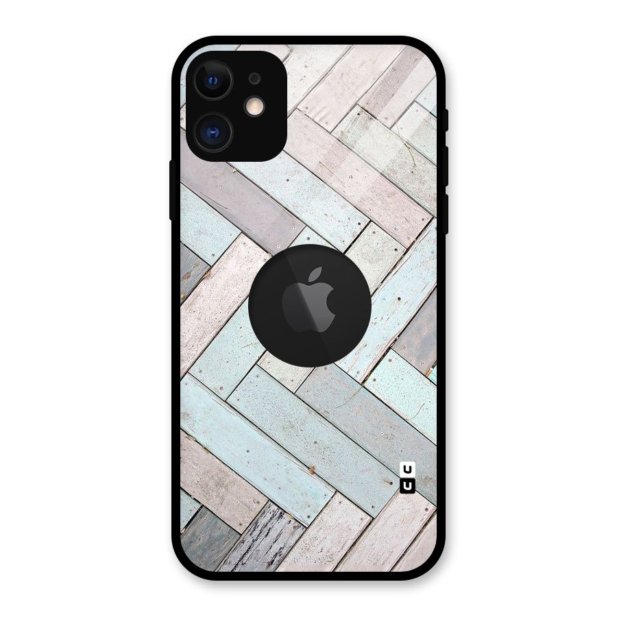 Wooden ZigZag Design Glass Back Case for iPhone 11 Logo Cut