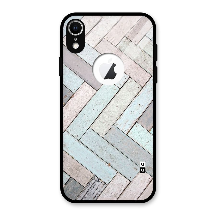 Wooden ZigZag Design Glass Back Case for iPhone XR Logo Cut