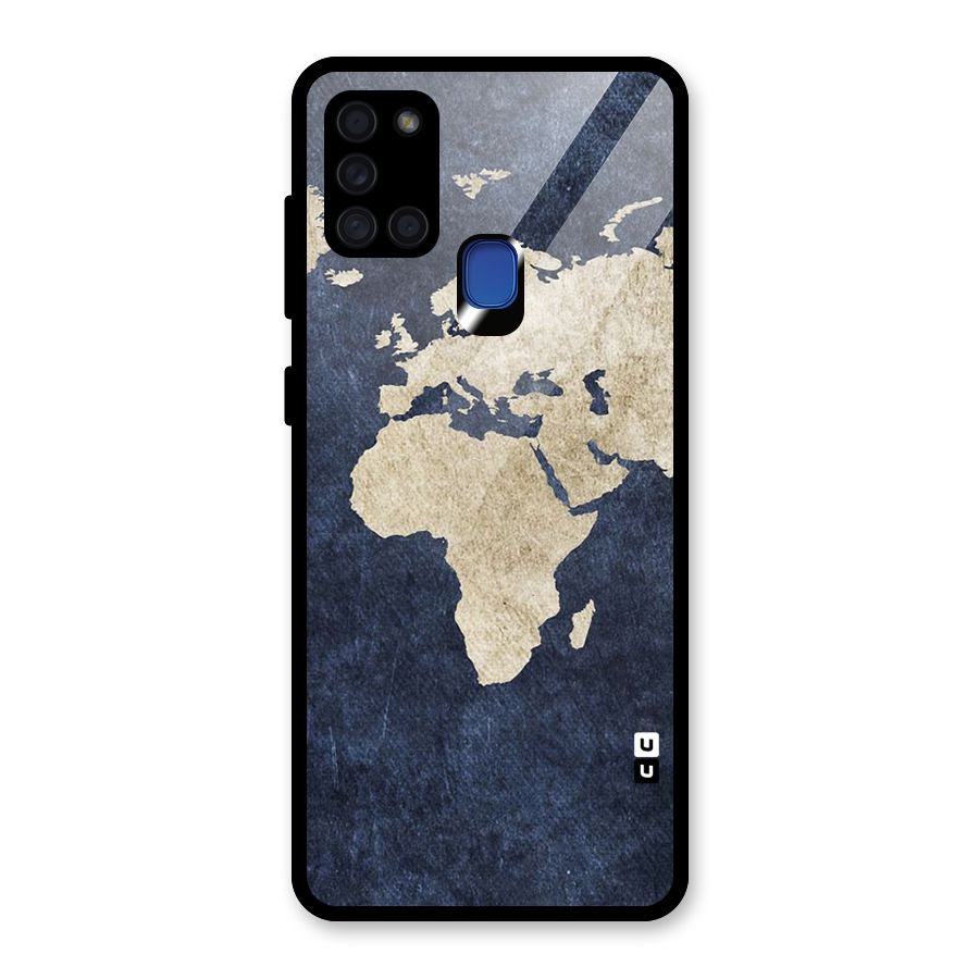 World Map Blue Gold Glass Back Case for Galaxy A21s