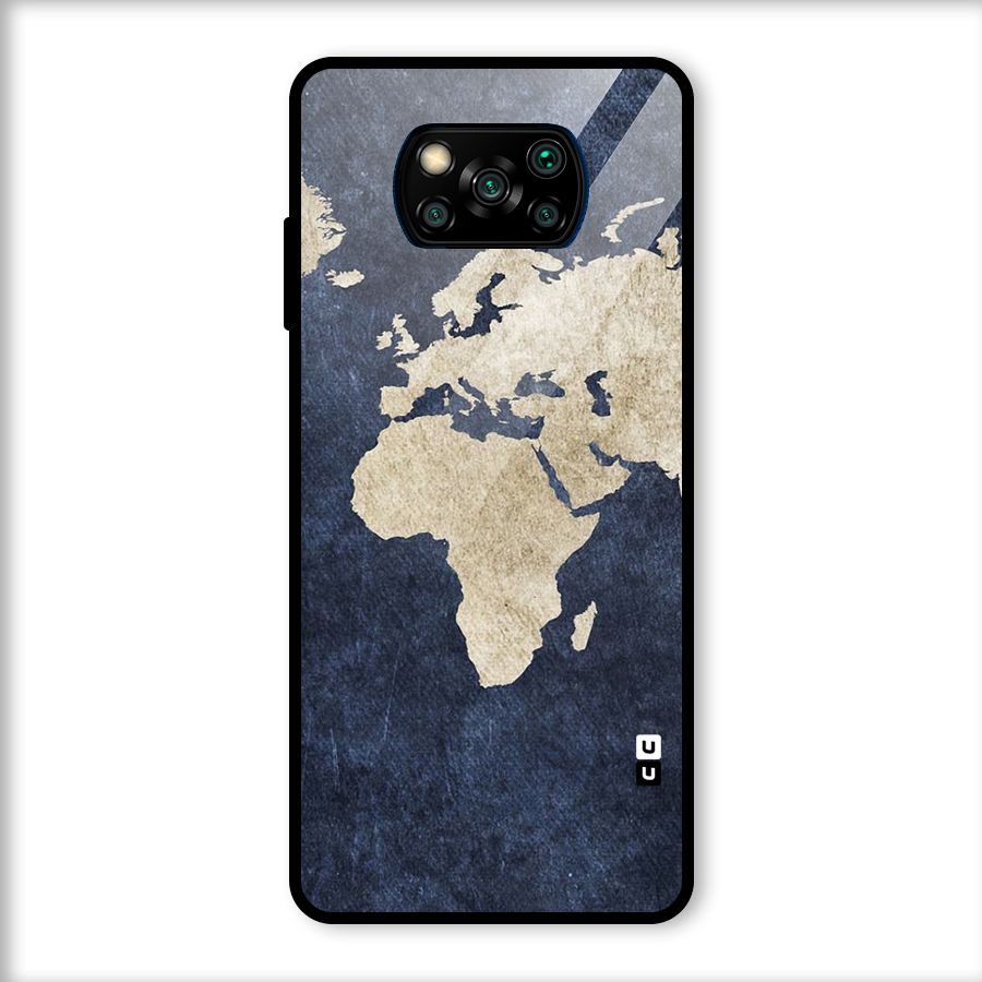 World Map Blue Gold Glass Back Case for Poco X3