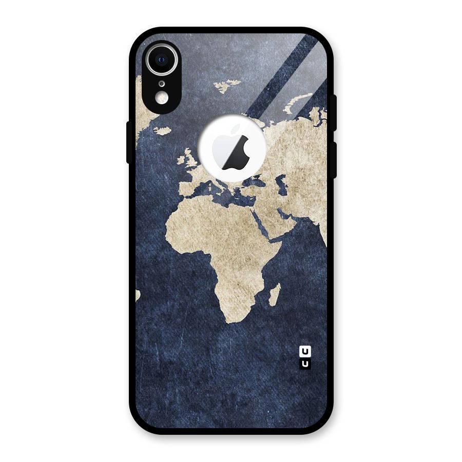 World Map Blue Gold Glass Back Case for iPhone XR Logo Cut