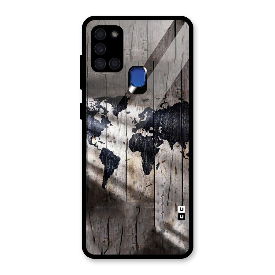 World Map Wood Design Glass Back Case for Galaxy A21s