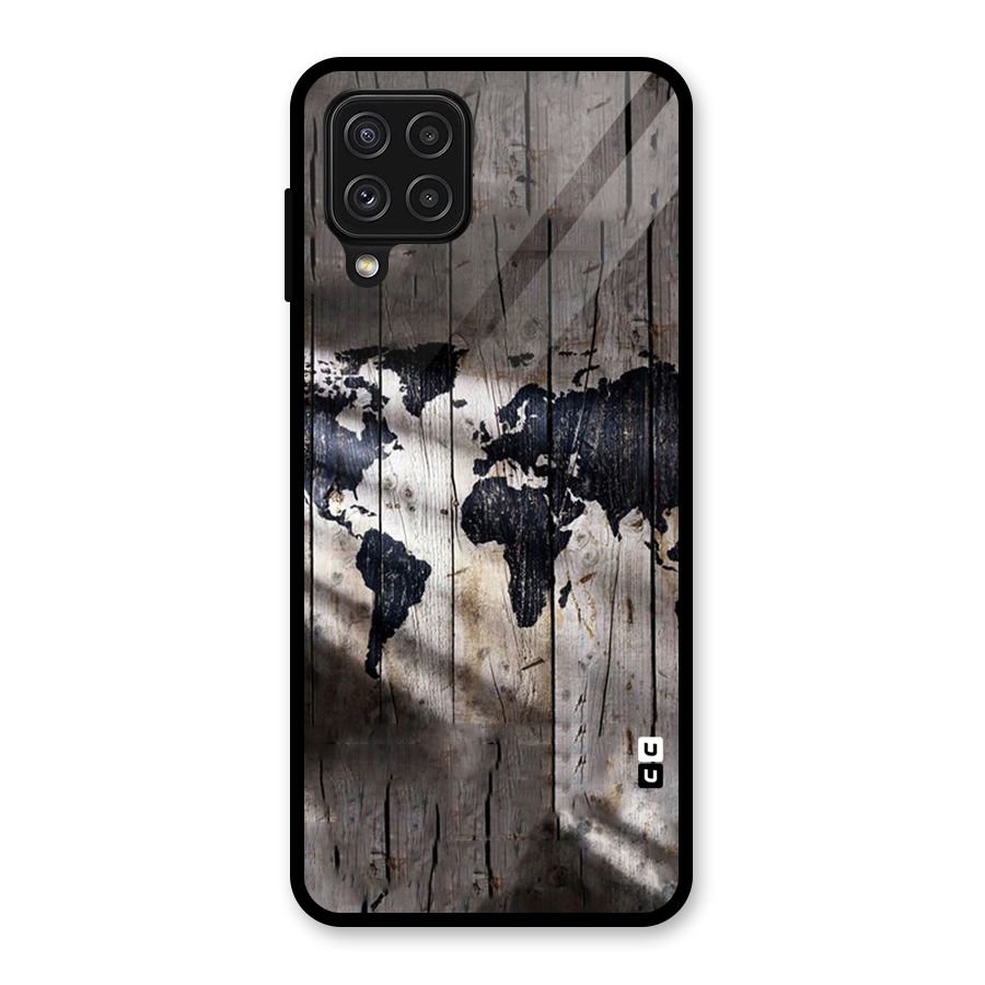 World Map Wood Design Glass Back Case for Galaxy A22 4G