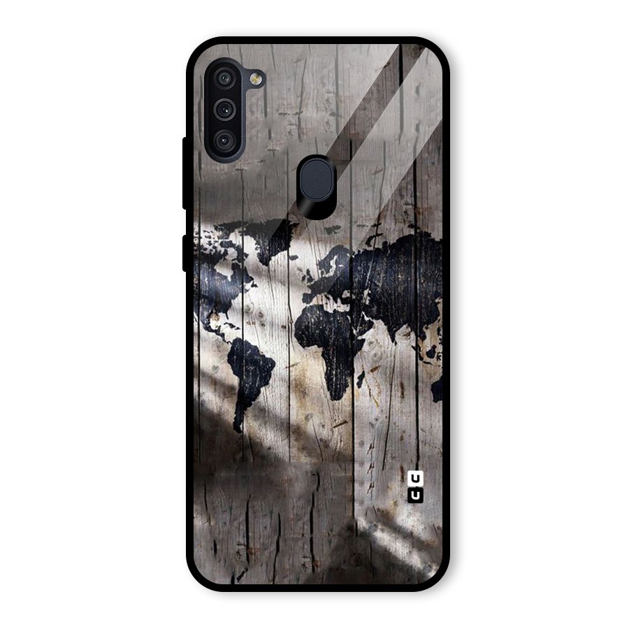 World Map Wood Design Glass Back Case for Galaxy M11