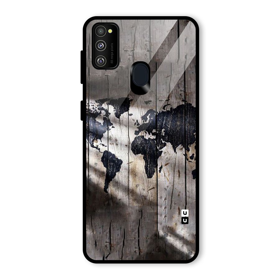World Map Wood Design Glass Back Case for Galaxy M21