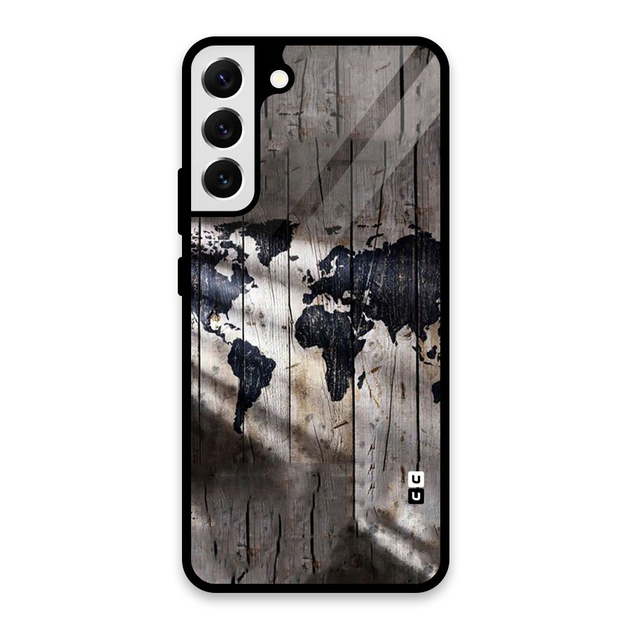 World Map Wood Design Glass Back Case for Galaxy S22 Plus 5G