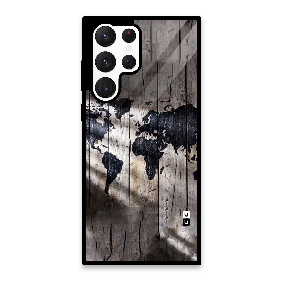World Map Wood Design Glass Back Case for Galaxy S22 Ultra 5G