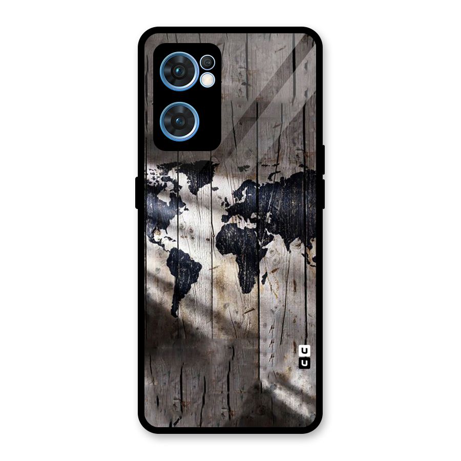 World Map Wood Design Glass Back Case for Oppo Reno7 5G