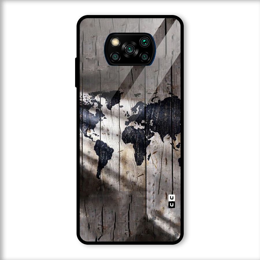 World Map Wood Design Glass Back Case for Poco X3