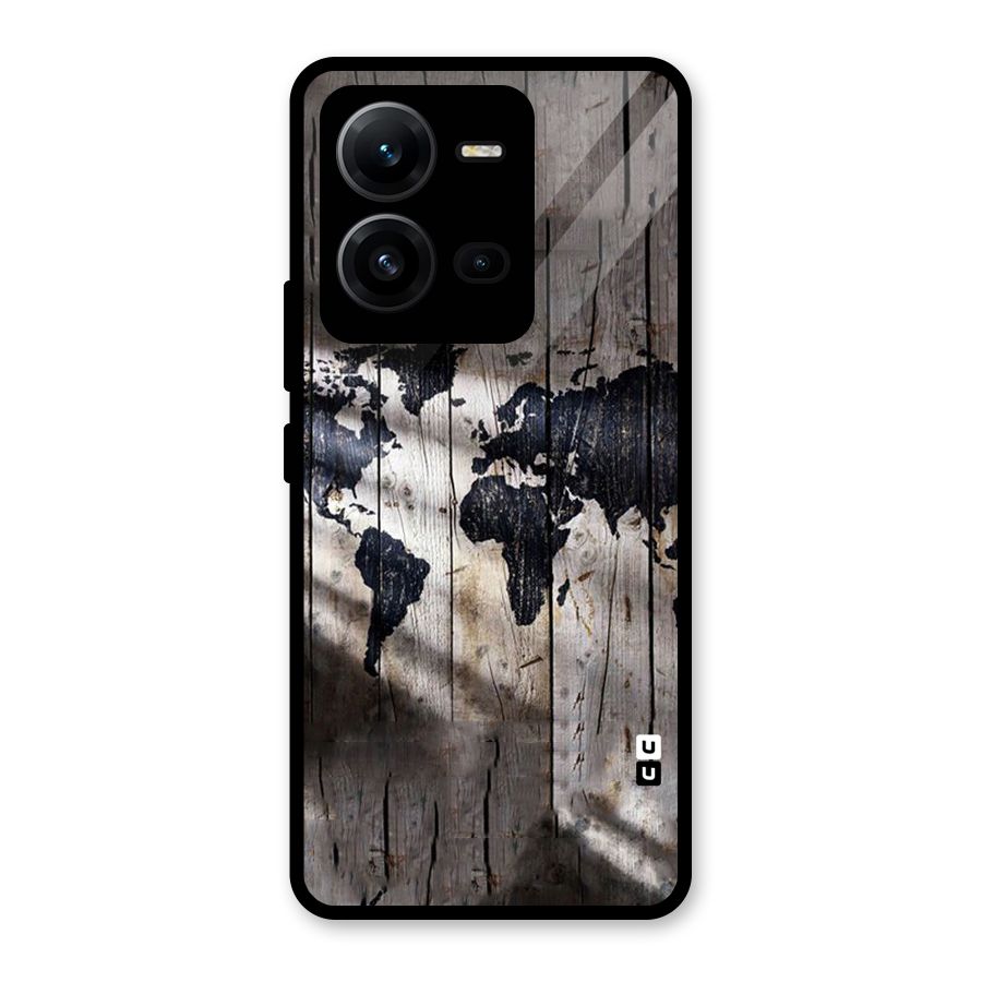World Map Wood Design Glass Back Case for Vivo V25