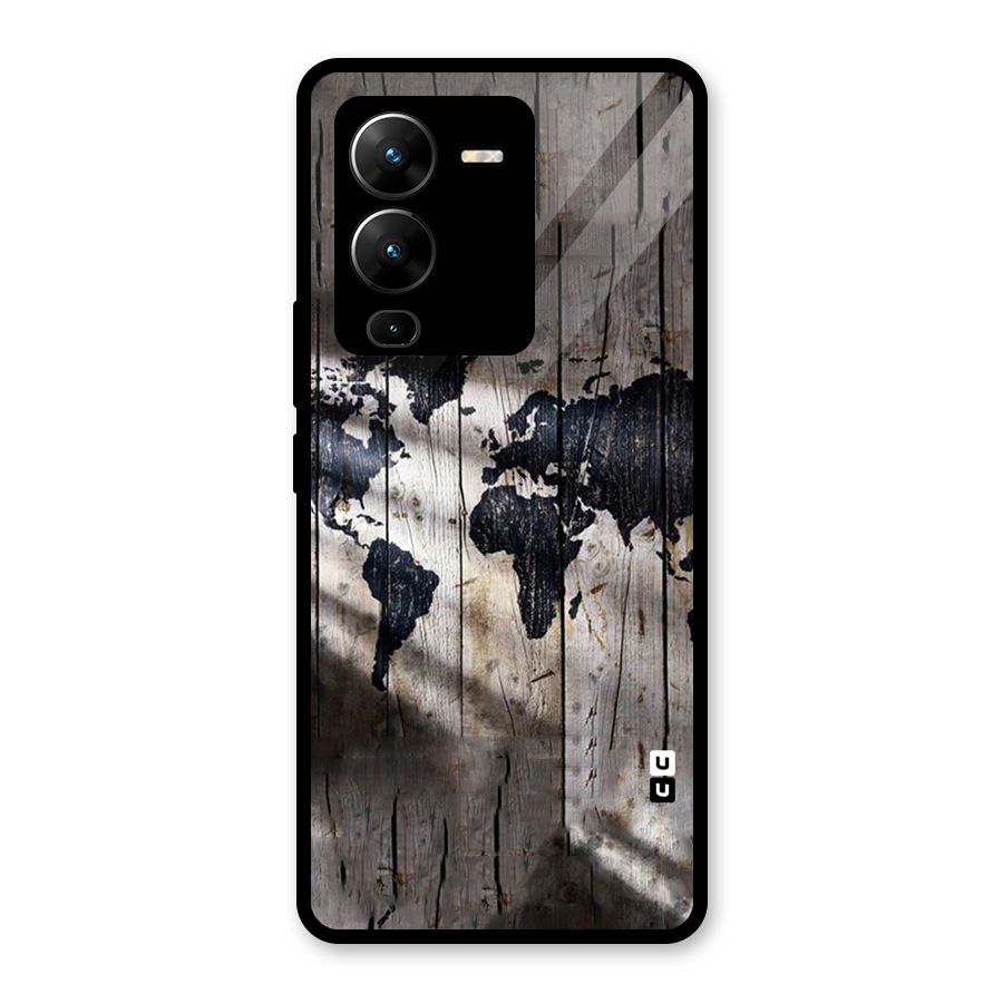 World Map Wood Design Glass Back Case for Vivo V25 Pro