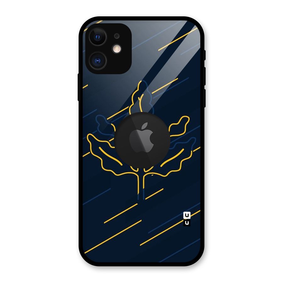 Yellow Leaf Line Glass Back Case for iPhone 11 Logo Cut