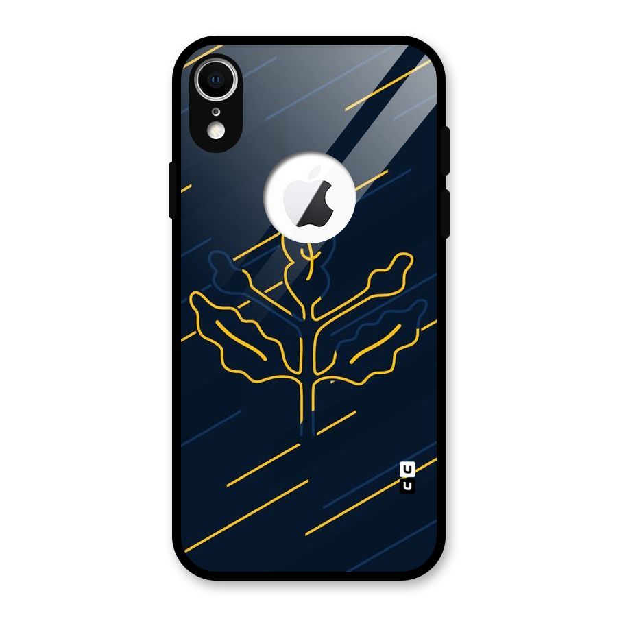 Yellow Leaf Line Glass Back Case for iPhone XR Logo Cut