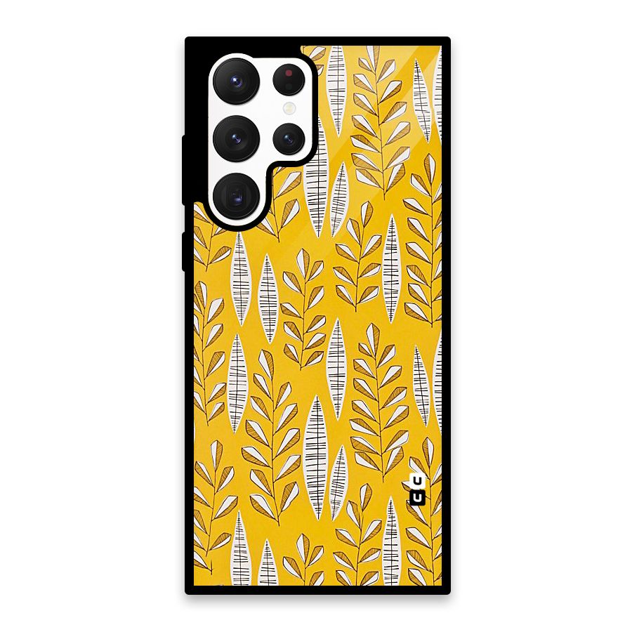 Yellow Leaf Pattern Glass Back Case for Galaxy S22 Ultra 5G