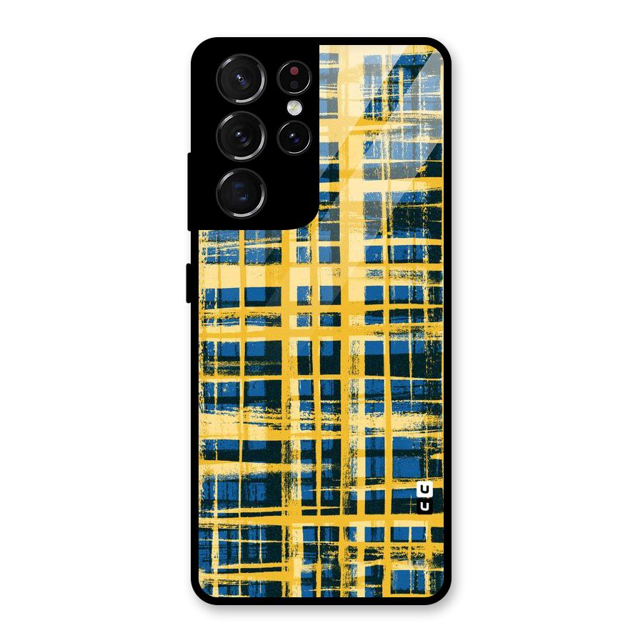 Yellow Rugged Check Design Glass Back Case for Galaxy S21 Ultra 5G