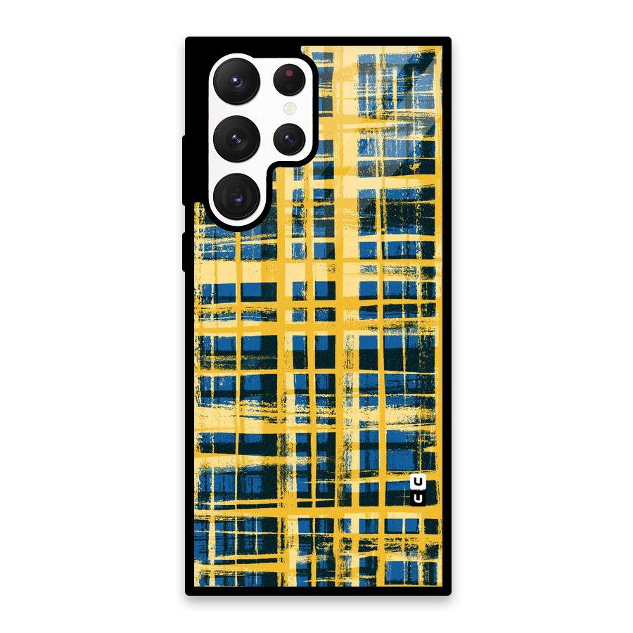 Yellow Rugged Check Design Glass Back Case for Galaxy S22 Ultra 5G